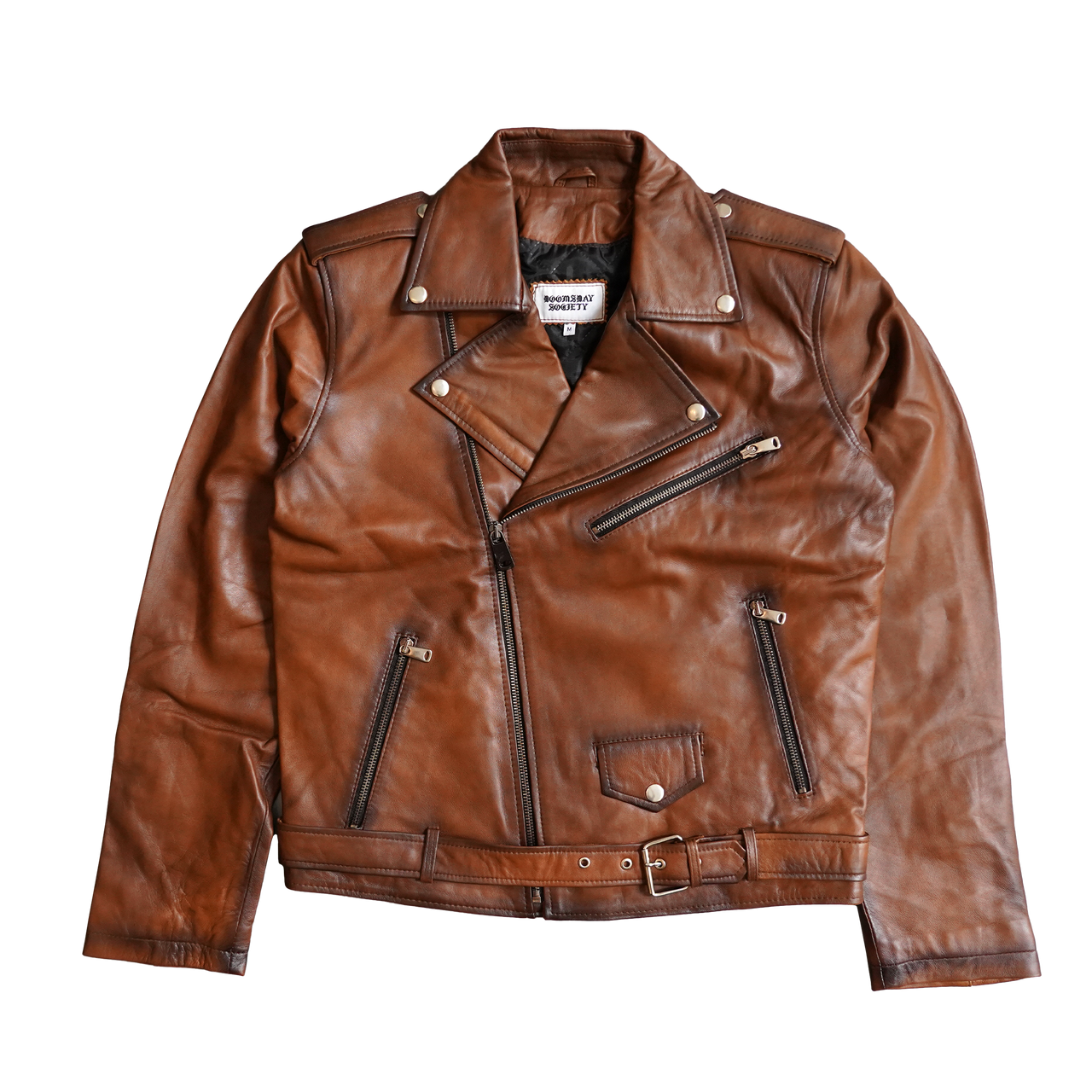 LEATHER BIKER JACKET BROWN